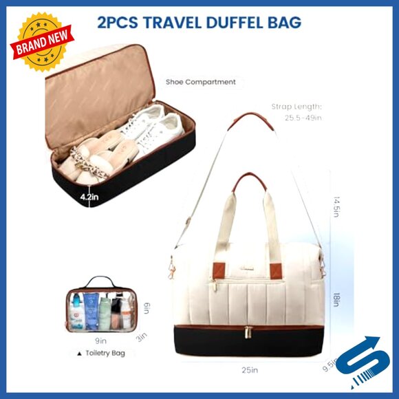 Puffer Travel Duffle Bag with Shoe Compartment, Carry On Weekender - Picture 3 of 6